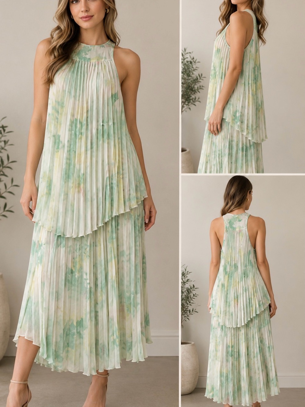 monaco Pleated Watercolor Midi Dress in Soft Green and Cream